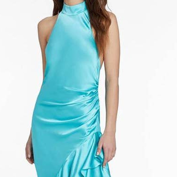 Amanda Uprichard Shaena Silk Halter Side Slit Cocktail Dress Moana Aqua Blue S - Picture 2 of 4